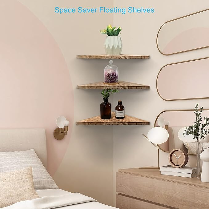 Joiishom Corner Wall Shelf Set of 3, Floating Corner Shelves, Rustic Wood Wall Storage Display Shelves for Living Room, Bedroom, Bathroom, Kitchen (Carbonized Wood)-NeatNest