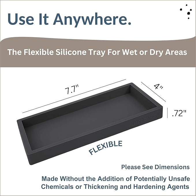 Countertop and Vanity Tray – Small 7.7” Silicone Tray, Soap Dispenser Trays, Bathroom Trays, Kitchen Soap Holder Sink Organizer Counter Caddy for Soaps Bottle Keys, Sponge Holder Dish Black-NeatNest