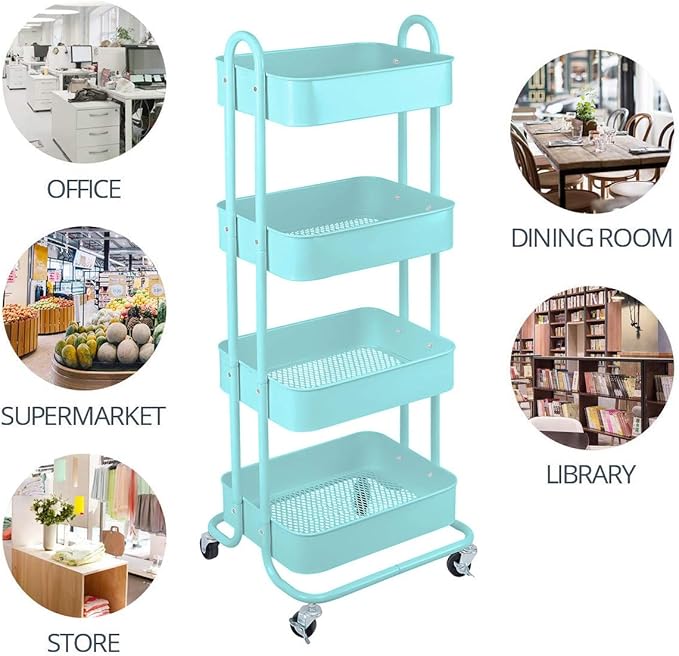 Melody House 4-Tier Metal Mesh Utility Rolling Cart Storage Organizer Shelf Rack with Lockable Wheels for Living Room Kitchen Office, Turquoise