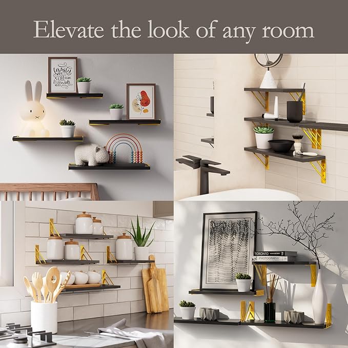 BAYKA Floating Shelves for Bedroom Decor, Wall Shelves for Storage, Wall Mounted Rustic Wood Floating Shelf for Books,Corner Shelf for Bathroom,Kitchen,Living Room(Black and Gold,Set of 4)-NeatNest