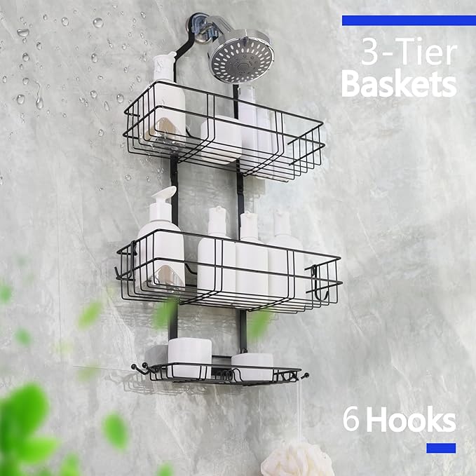 Over the Shower Head Caddy No Drilling black shower caddy hanging Over Showerhead Shower Racks for Shampoo Soap Shower Caddy Hanging with Hooks for Towels Shower Caddy Shelf Organizer Rack
