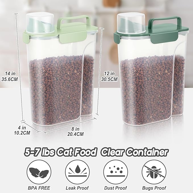 Dog Food Storage Container, Upgraded Large Nozzle BPA-free, 8-12 LBS Plastic Pet Food Storage Containers, With 4 Sealed Clasps, 1 Measuring Cup and Handle (2, Green+Dark Green, 5L)-NeatNest