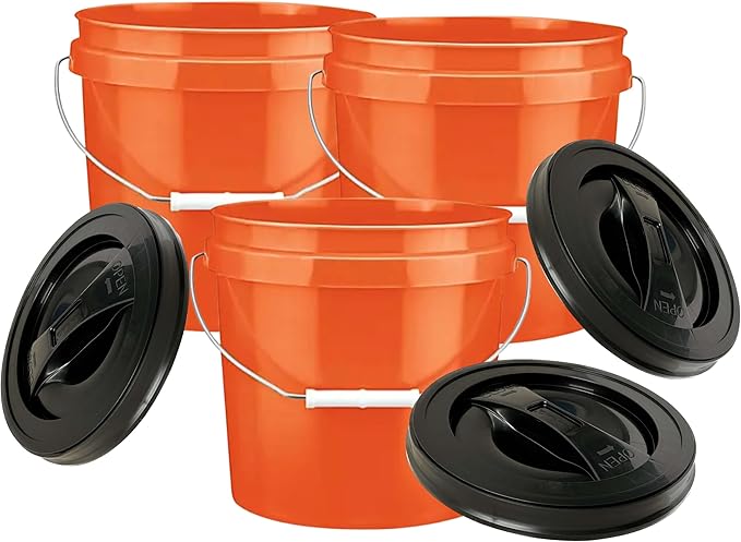 House Naturals 2 Gallon Food Grade Made in USA- BPA Free Bucket Pail Orange (3, Orange & Black lids)