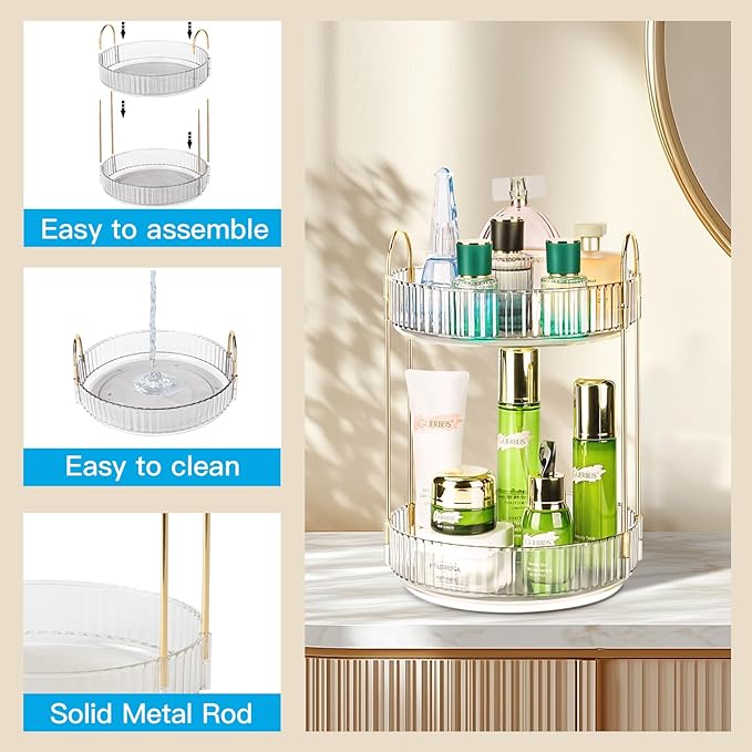 360 Rotating Makeup Organizer - Large Capacity Spinning Perfume & Cosmetic Skincare Holder for Countertop (Pearl White, 2 Tier)-NeatNest