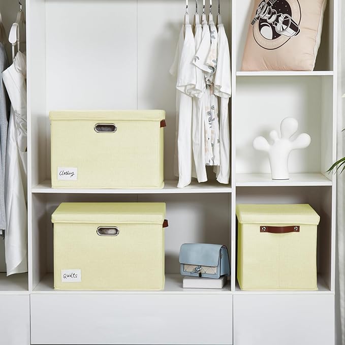 17" Large Collapsible Storage Bins with Lids, Stackable Closet Organizers with PU Handle and Labels, 3-Pack Decorative Fabric Storage Boxes for Home, Bedroom, Closet, Office, Nursery(Beige)-NeatNest
