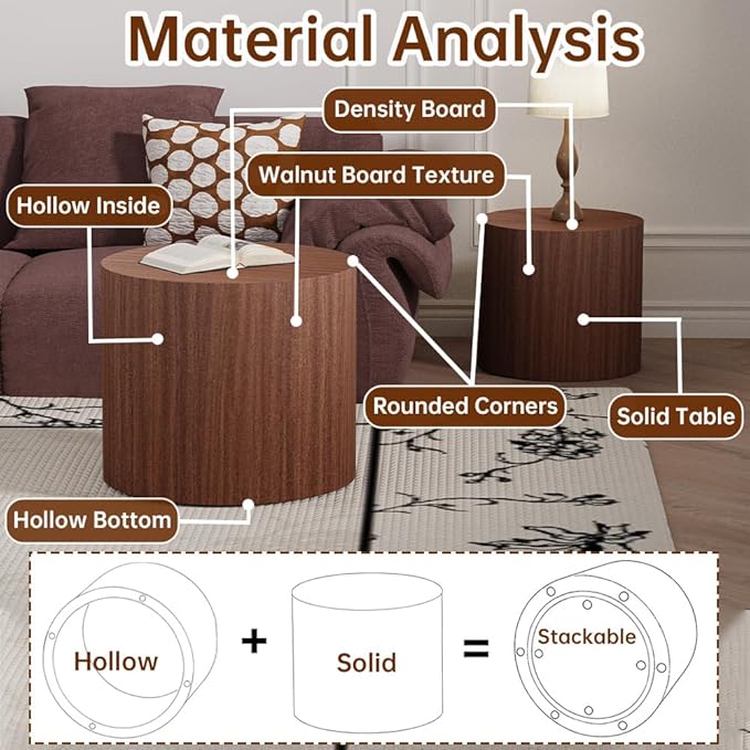 Round Nesting Coffee Table Set of 2 Modern Walnut Round Coffee Table Small End Table Side Table Circular Coffee Tables Circle Nested Coffee Tables for Living Room (Walnut)