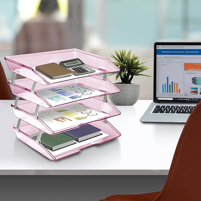 Acrimet Facility 4 Tier Letter Tray, Side Load, Letter Size/A4, Desktop File Organizer, Plastic (Clear Pink)-NeatNest
