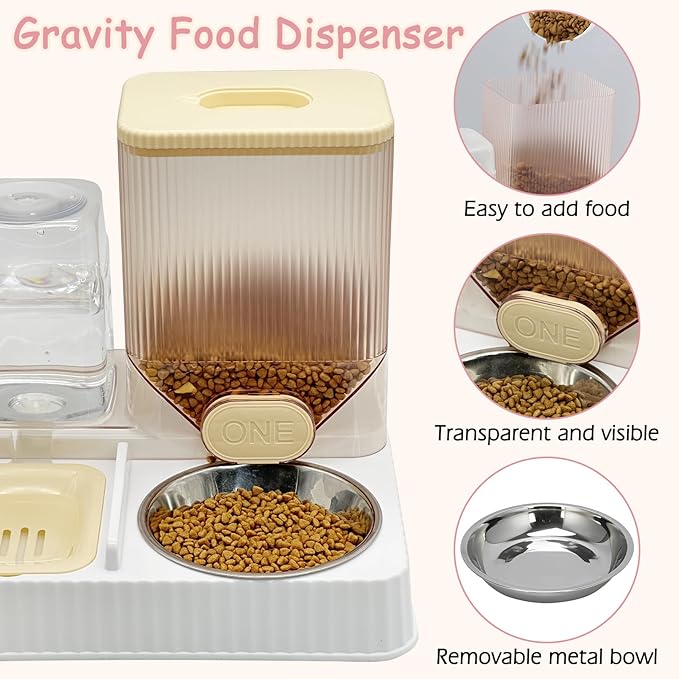 Fhiny Gravity Cat Feeder & Water Dispenser, 2 in 1 Automatic Puppy Waterer Removable Stainless Steel Food Bowls Set Self Feeding Pet Food Storage for Cat Kitten Puppy Easy Clean (Yellow)-NeatNest