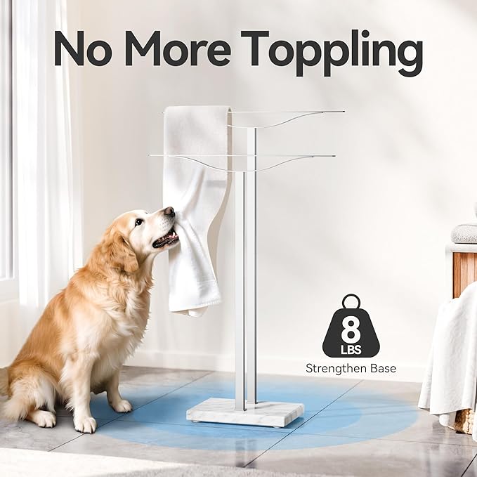 Bathroom Towel Rack Freestanding Floor Stand: Brushed 33in 2‑Bar Weighted Marble Base Towel Holder, Rustproof 304 Stainless Steel Drying Rack for Bath&Hand Towels, No‑Drill Slim Organizer, Spa Pool