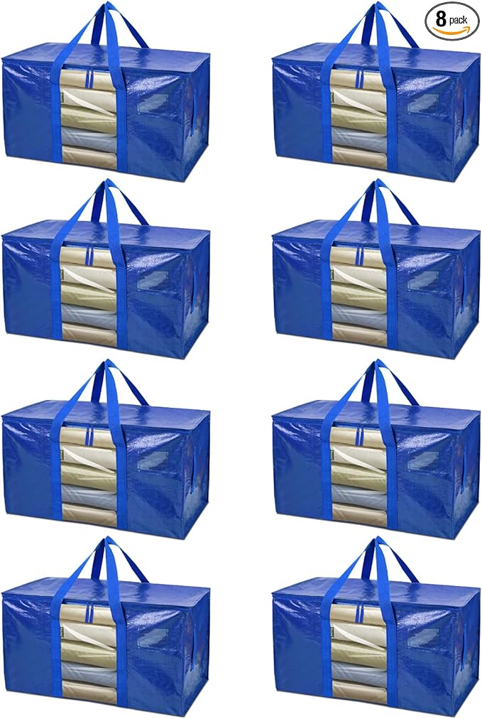 BALEINE 8-Pack Oversized Moving Bags with Reinforced Handles, Heavy-Duty Storage Tote Moving Supplies for Packaging, Camping (Blue w/Window, 8-Pack)-NeatNest