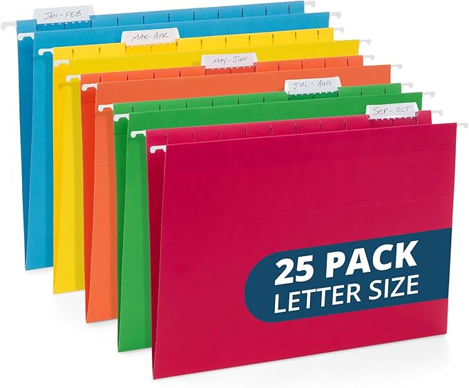 Blue Summit Supplies 25 Colored Hanging File Folders Letter Size with Tabs, Colored File Folders Hanging, Assorted Colors, Reinforced for Office Filing and Organization-NeatNest