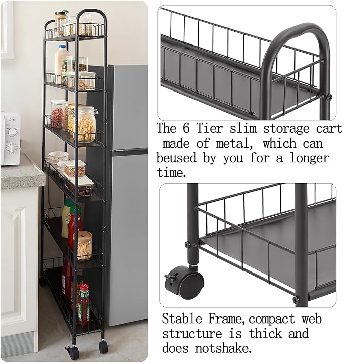 6 Tier 10in Slim Rolling Storage Cart with Handle, Mobile Shelving Unit with Wheels, Metal Wire Storage Rack with Baskets for Kitchen Bathroom Office Laundry Narrow Piaces