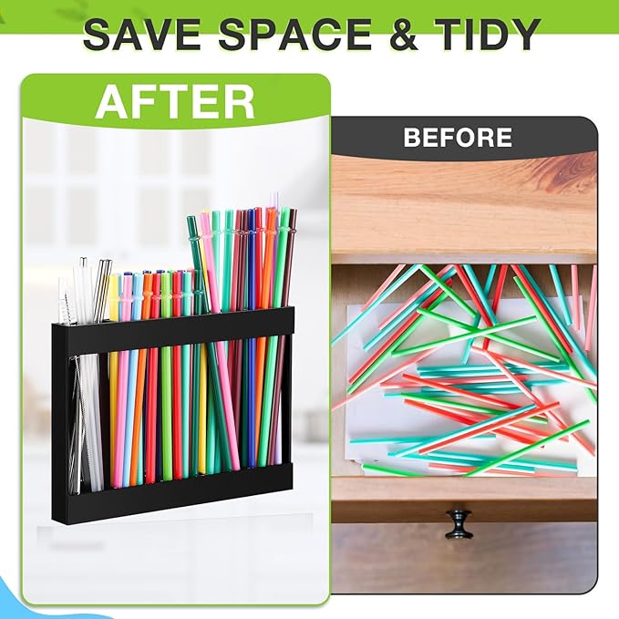 Acrylic Straw Holder for Cabinet Door with Double Sided Adhesive Tape Reusable Straw Organizer Tumbler Storage Kitchen Accessories Container for Counter Cupboard(Classic,Large,Black)