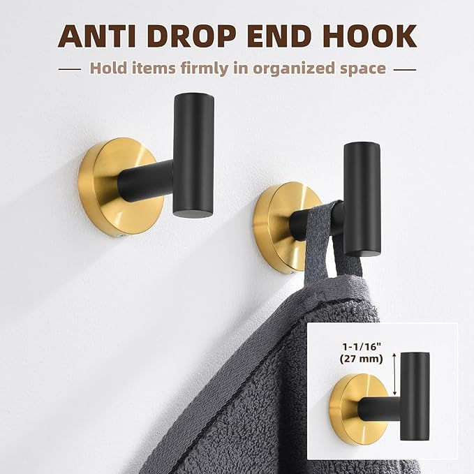 APLusee Robe Towel Hook 2 Pack Black Gold, 304 Stainless Steel Coat Hook, Bath Towel Hanger Wall Mounted