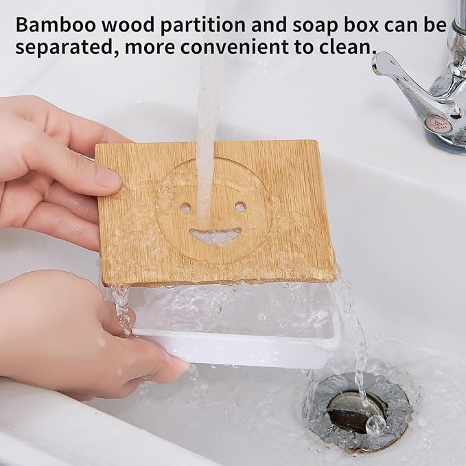 Bamboo Soap Dishes for Shower Wooden Soap Bar Holder for Bathroom Soap Tray Easy to Clean, Durable and with Non-Slip Pads(Two White Smiley Faces)-NeatNest