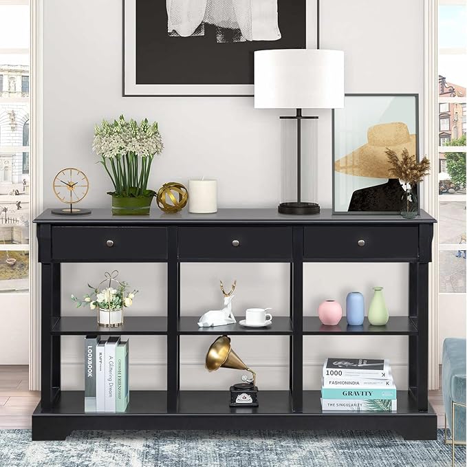 Karl home Console Table with 3 Drawers, 58" W Entryway Desk Sofa Side Table with 6 Bottom Cube Storage Shelves, Vintage TV Stand for Hallway Living Room Office, Black 32.5" H-NeatNest