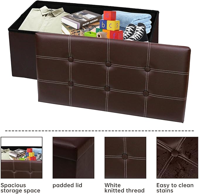 30 Inches Folding Storage Ottoman Bench, Faux Leather Footrest Ottoman, Storage Trunk Footrest for Bedroom, Living Room and Hallway, Support 350lbs, Brown White line