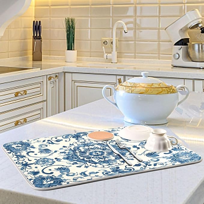 Absorbent Dishes Drainer Mat for Countertop Small Size 16 x 18, Microfiber Blue White Pattern Dish Drying Pads Kitchen Counter Draining Pad