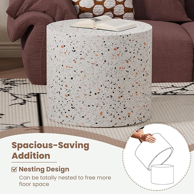 Round Nesting Coffee Table Set of 2 Modern Wood Coffee Tables Handcraft Drum Coffees Table Farmhouse Round Sofa Side Tables End Table for Living Room Small Spaces (Terrazzo)
