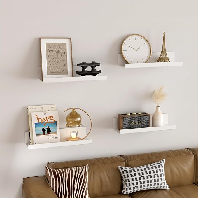 12" White Acrylic Floating Shelves, 4 Pack with Cable Clips, Book Shelf for Expand Display Space, Acrylic Organizers for Living Room, Bathroom, Gaming Room, Dorm Wall Decor-NeatNest
