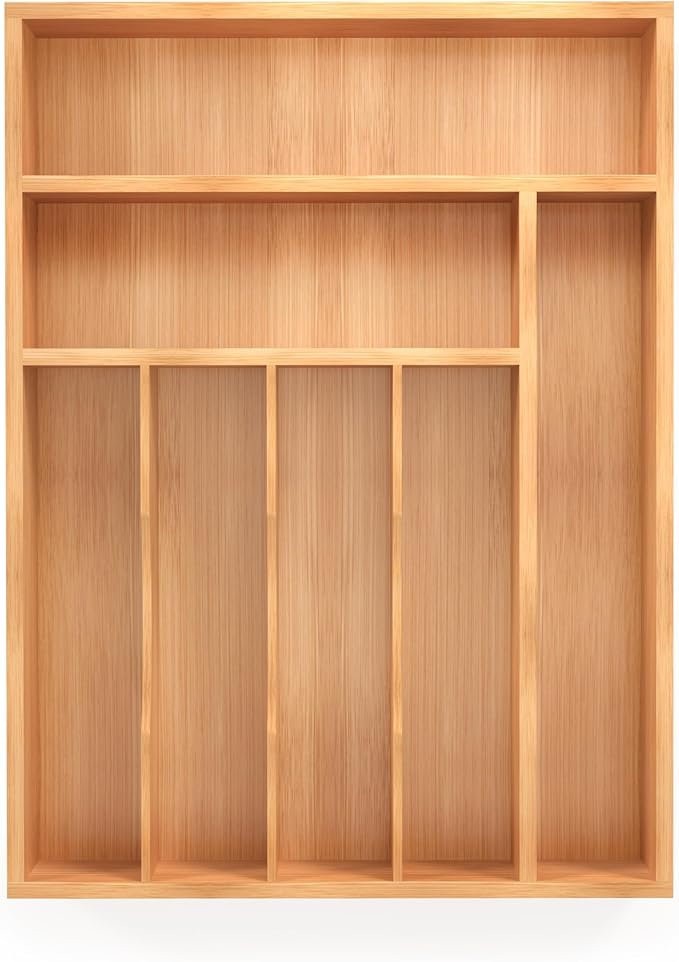 Bamboo Silverware Organizer, Kitchen Drawer Organizer, Utensil Holder, Cutlery Tray & Spoon Flatware Storage with Grooved Drawer Dividers (7 Slots, Natural)-NeatNest