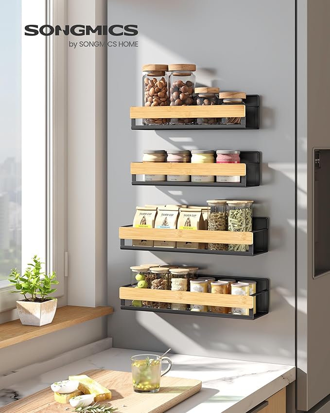 SONGMICS Magnetic Spice Rack for Refrigerator, 4 Pack, 2 Large and 2 Small Kitchen Magnetic Shelves for Washing Machine, Spice Organizers, No Drilling Needed, Ink Black and Light Bamboo UKCS062BH01