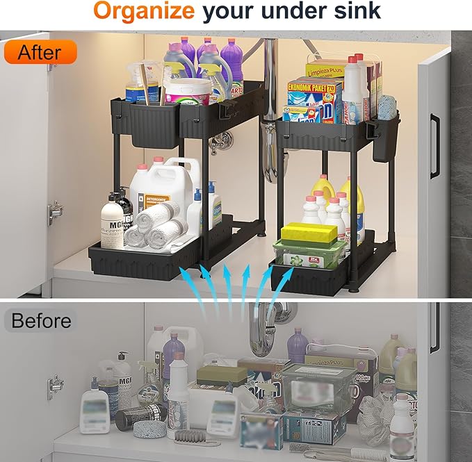 Under Sink Organizer, Bathroom Organizers and Storage, 2 Tier Multi-Use Pull Out Cabinet Organizer with Hang Hooks and Cups (Black, 2 Pack)-NeatNest