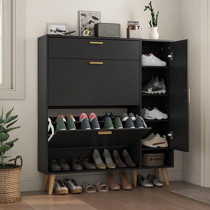 Shoe Storage Cabinets, 16 Pairs Free Standing Shoe Organizer with 2 Flip Drawers for Entryway, Narrow 3 Tier Entryway Hidden Shoe Rack with Doors (Upgraded Black)-NeatNest