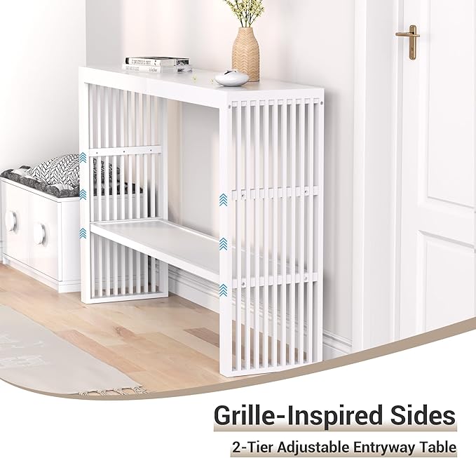 Bamboo Wood Console Table 47.2" Entryway Table, 2-Tier Farmhouse Narrow Sofa Table w/Storage Shelf, Couch Table Behind Sofa Easy Assembly for Entrance, Hallway, Living Room, Foyer(White)-NeatNest