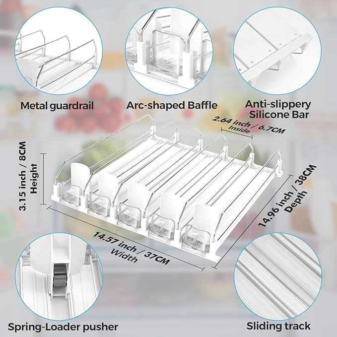 Drink Dispenser for Refrigerator, Self-Pushing Soda Can Organizer for Fridge, 5 Rows already Assembled, Automatic Can Dispenser with Spring Loaded for Refrigerator Holds 25 cans, White