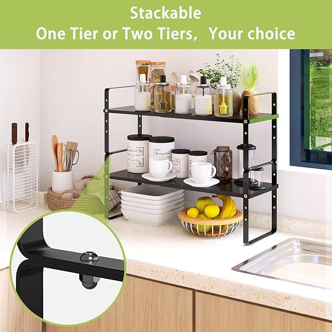 Expandable Cabinet Shelf Organizer Rack, Stackable Kitchen Counter Storage Shelves Stand, Adjustable Height Pantry Shelf Spice Rack (Black, 1 Pack)-NeatNest