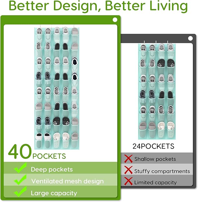 Unjumbly Over the Door Shoe Organizer with 40 Large Breathable Mesh Pockets, Space Saving Shoe Holder, Hanging Shoe Rack for Entryway Bedroom Closet Storage (Mint Blue, 40 Pockets)-NeatNest