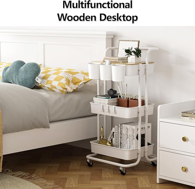 3 Tier Rolling Cart with Metal Handle, Table Top, Hanging Cups, Hooks, Plastic Storage Baskets& Wheels Lockable, Utility Cart for Bathroom Classroom Office Kitchen Pantry Organizers and Storage, White-NeatNest