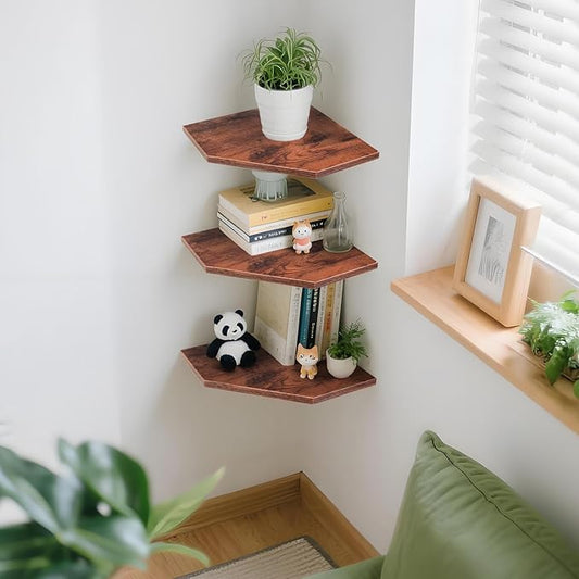 Corner Shelf Wall Mounted, Floating Corner Shelves Set Wall Shelf Organizer, Rustic Wood Storage Display Shelves for Living Room Bedroom Bathroom Kitchen (Brown-3Pcs)-NeatNest