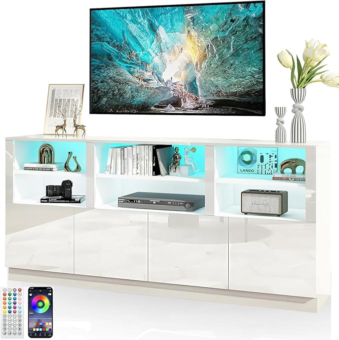32'' Tall White TV Stand for 65/75/80/85 Inch TVs with RGB LED Lights,Modern High Gloss Entertainment Center Cabinet Stands with Storage Shelves and Doors,TV Media Console Table for Living Room-NeatNest