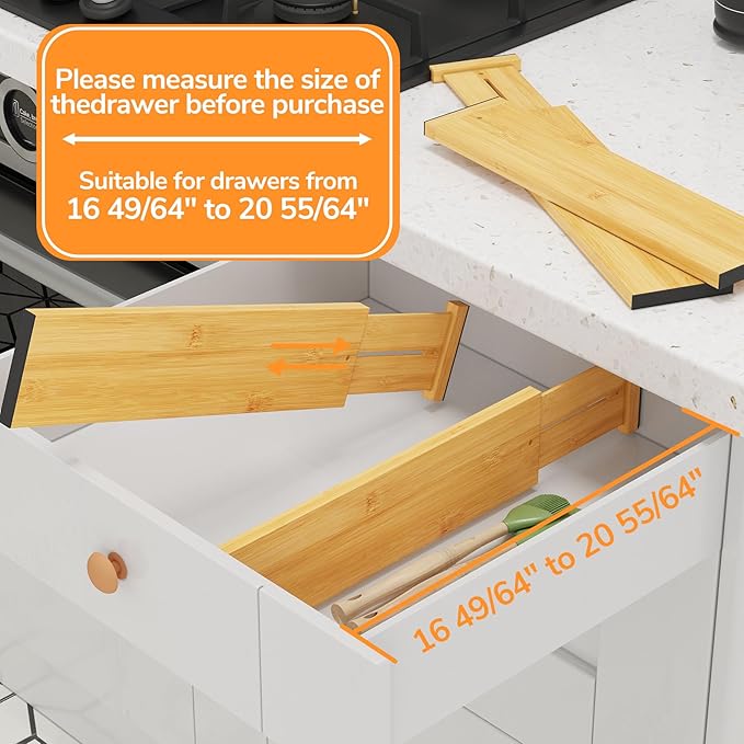 BAMEOS 4" High Drawer Dividers Bamboo Separators Organization Expandable Organizers for Kitchen Bedroom Bathroom Dresser Office 4-pack-NeatNest