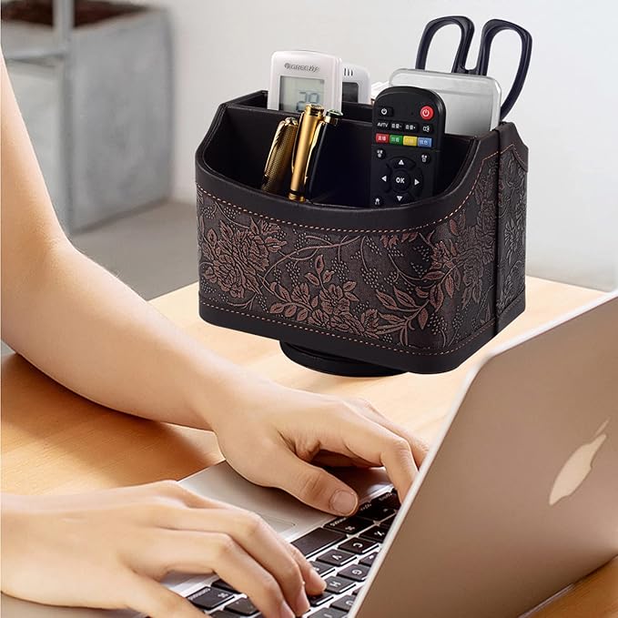 Antique Leather Remote Control Holder 360 Degree Spinning,Desk Rotating Organizer/Caddy for TV Remote Controllers,Pen,Calculator Media Player,DVD,Office Supplies,Mobile Phone Storage Box (Retro)-NeatNest