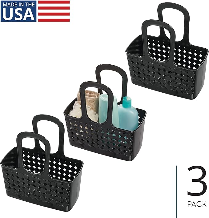 iDesign Portable Shower Caddy for College Dorm or Bathroom, Set of 3, Black, Made in USA Handle Tote