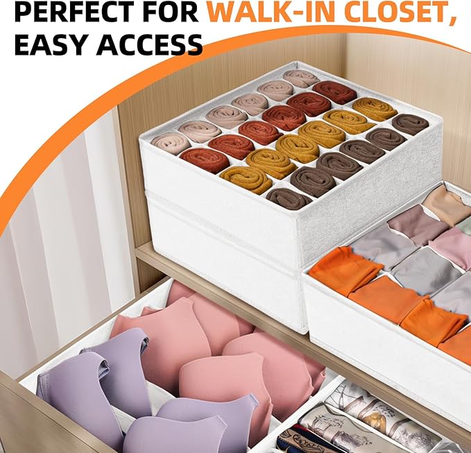 Criusia Drawer Organizer - 6 Set Clothes Organizer for Closet & Bedroom - 90 Cells Bins for Sock, Underwear, Bra, Baby Clothes - Washable & 10xDurable than Non-Woven Fabric (White)-NeatNest