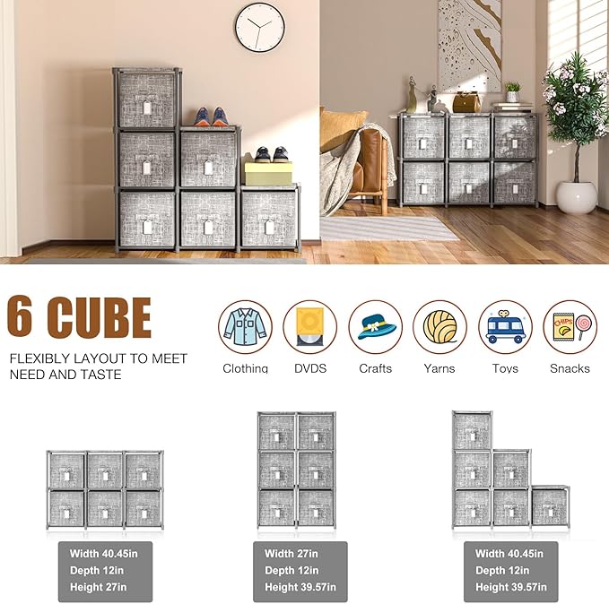 Cube Storage Organizer Shelf with 6 Printed Bins + Labels, Cubby Storage Organizer with Bins, Large Capacity Shelves for Storage,Closet, Living Room, Dorm, Yarn-NeatNest