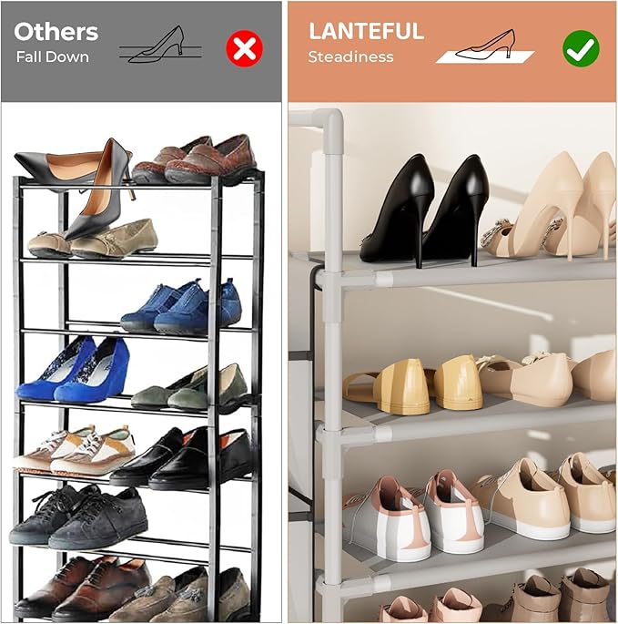 6 Tier Shoe Rack Storage for 24-30 Pairs Shoe and Boot, Shoe Organizer with Hook and Side Pocket Free Standing Long Shoe Shelf Tall Shoe Rack Organizer for Closet, Entryway, Dorm, Grey-NeatNest
