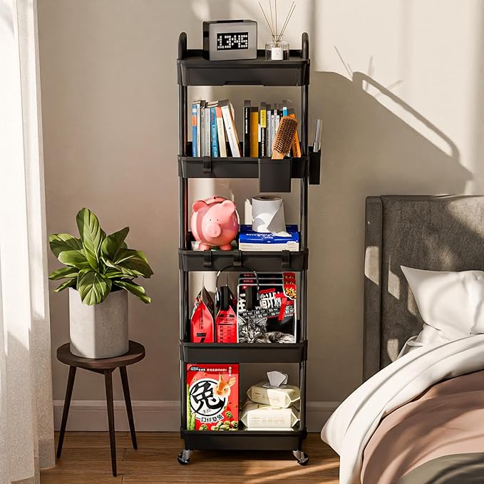 5 Tier Rolling Cart Organizer,Bathroom Cart Organizers with Wheels Laundry Room Organization Mobile Shelving Unit Utility Cart Storage Shelves Multi-Functional for Office, Home(Black)-NeatNest