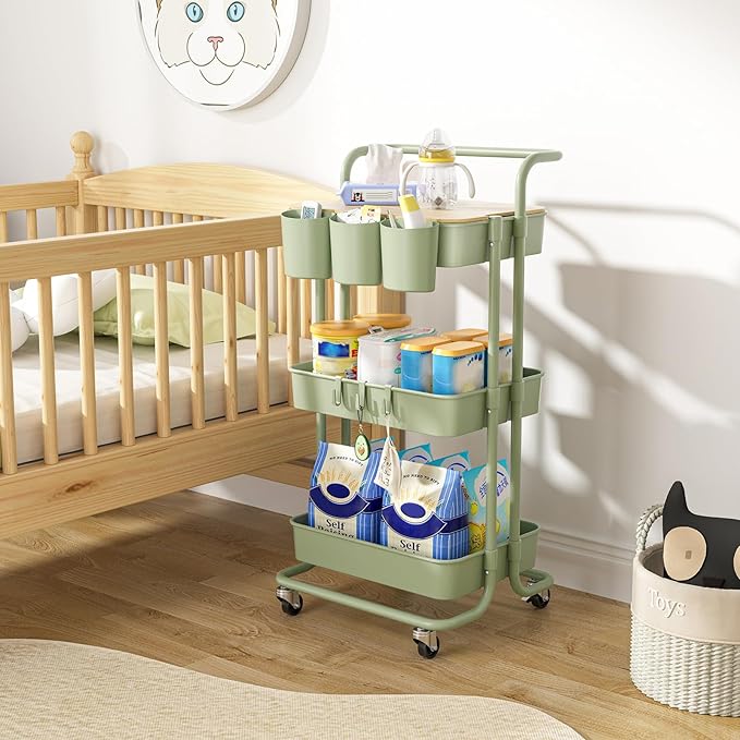 3 Tier Rolling Cart with Metal Handle, Table Top, Hanging Cups, Hooks, Plastic Storage Baskets& Wheels Lockable, Utility Cart for Bathroom Classroom Office Kitchen Pantry Organizers and Storage, Green-NeatNest