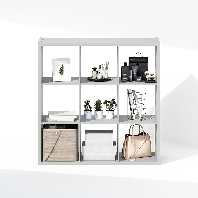 Furinno Cubic Open Back Multipurpose Clothing & Closet Storage Organizer Shelf, 9-Cube, Light Grey