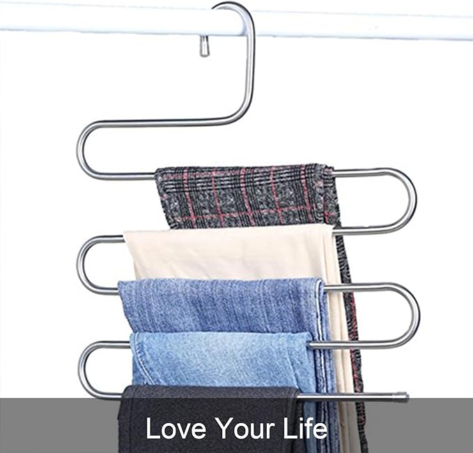 devesanter Pants Hangers Non-Slip S-Shape Trousers Hangers Stainless Steel & Rubber Clothes Hangers Closet Storage Organizer for Pants Jeans Scarf (6 Pack with 10 Clips)-NeatNest