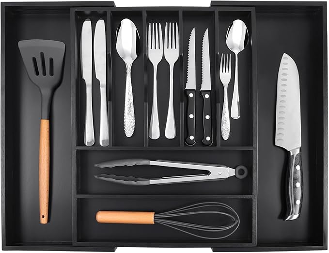 Bellsal Large Premium Bamboo Silverware Organizer - Expandable Utensil Drawer Organizer - 17"x19.6" Utensil Holder and Cutlery Tray with Grooved for Kitchen Flatware and Utensils(7-9 Slot, Black)-NeatNest