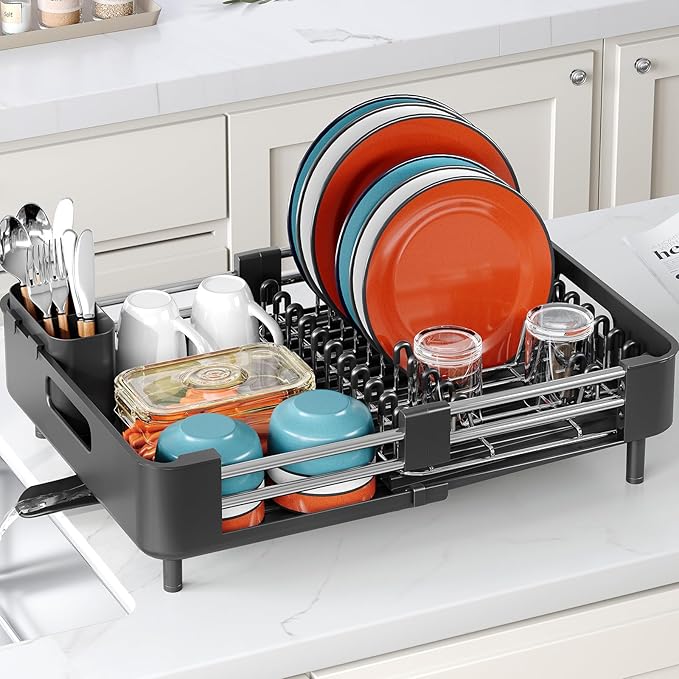 Dish Drying Rack for Kitchen Counter, Extendable Dish Rack with Drainboard, Expandable Dish Drainer, Collapsible Dish Strainer with Cutlery Holder, Foldable Home Countertop Plate Storage Rack, Black
