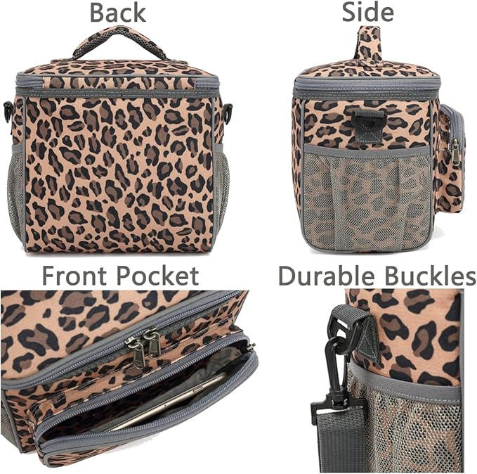 FlowFly Insulated Reusable Lunch Bag Adult Large Lunch Box for Women and Men with Adjustable Shoulder Strap,Front Zipper Pocket and Dual Large Mesh Side Pockets,Leopard-NeatNest