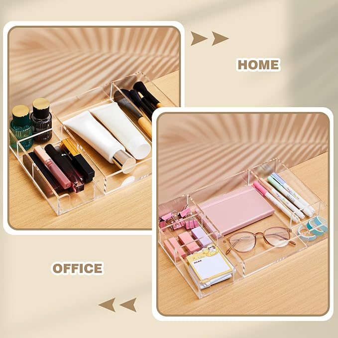 Acrylic Drawer Organizer Clear Desk Drawer Organizer Trays with Adjustable Compartments Desk Accessories for Office Stationery Makeup Silverware Bathroom(Adjustable)