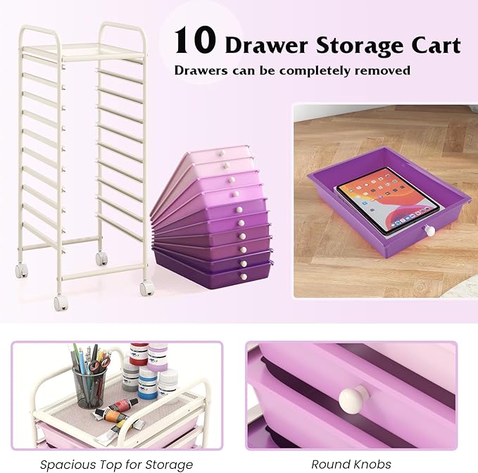 Giantex 10-Drawer Storage Cart w/Universal Wheel, Rolling Cart w/Handle, Home Organizer Storage Unit w/Removable Drawers, Trolley Utility Cart for Kitchen Makeup Living Room Office Play Room